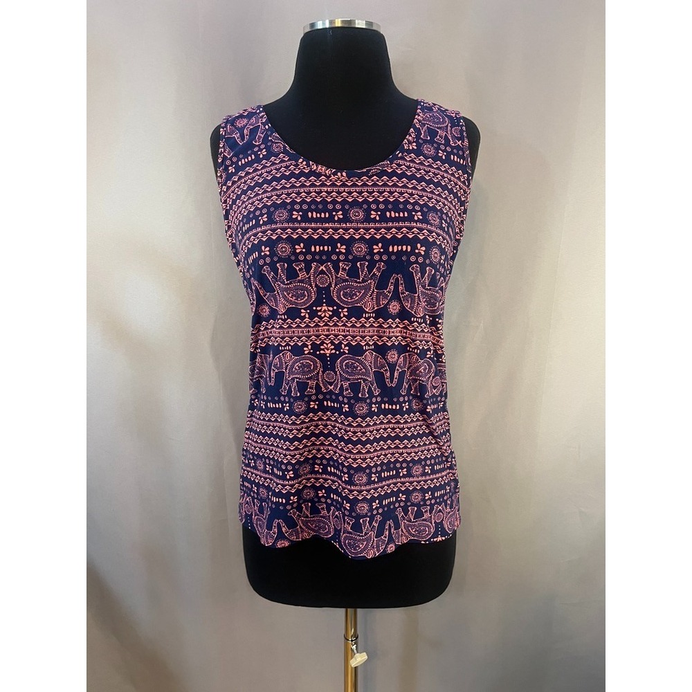 rue21 Women's XL Tribal Elephant Sleeveless Top Pink Navy Soft Stretch Y2K Boho